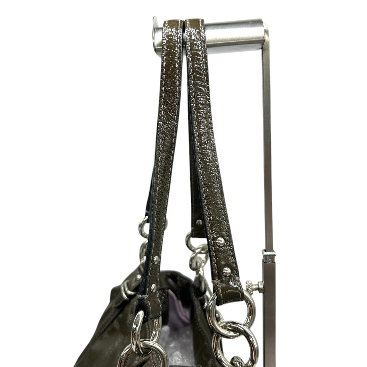 【COACH】コーチ ギャザー トートバッグ ワンショルダー F18231 大容量 A4収納可 パテントレザー エナメル グリーン カーキ系 チェーンハンドル レディース エレガント ビジネス 通勤通学 人気モデル クリーニング済み s86