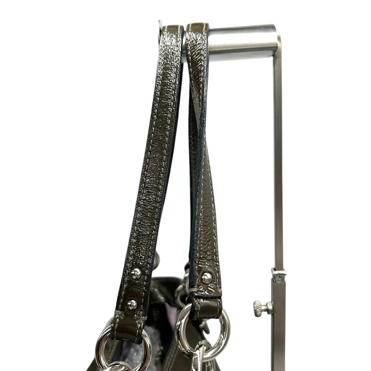 【COACH】コーチ ギャザー トートバッグ ワンショルダー F18231 大容量 A4収納可 パテントレザー エナメル グリーン カーキ系 チェーンハンドル レディース エレガント ビジネス 通勤通学 人気モデル クリーニング済み s86