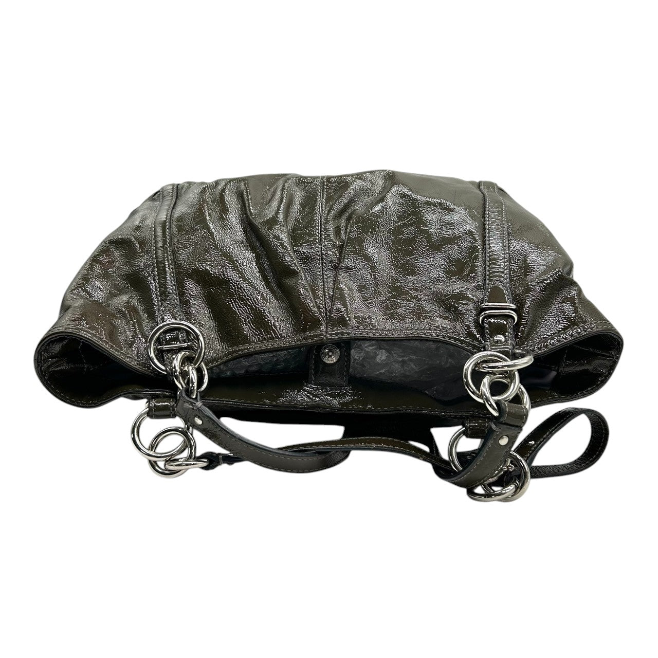 【COACH】コーチ ギャザー トートバッグ ワンショルダー F18231 大容量 A4収納可 パテントレザー エナメル グリーン カーキ系 チェーンハンドル レディース エレガント ビジネス 通勤通学 人気モデル クリーニング済み s86