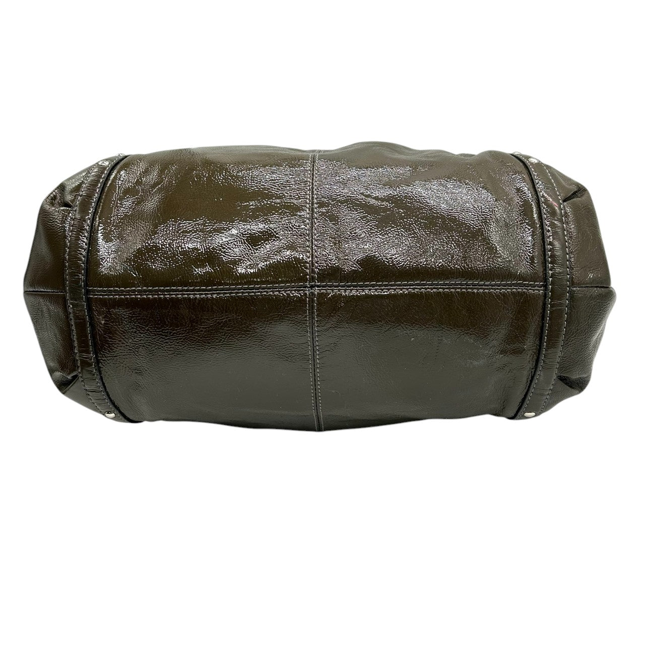 【COACH】コーチ ギャザー トートバッグ ワンショルダー F18231 大容量 A4収納可 パテントレザー エナメル グリーン カーキ系 チェーンハンドル レディース エレガント ビジネス 通勤通学 人気モデル クリーニング済み s86