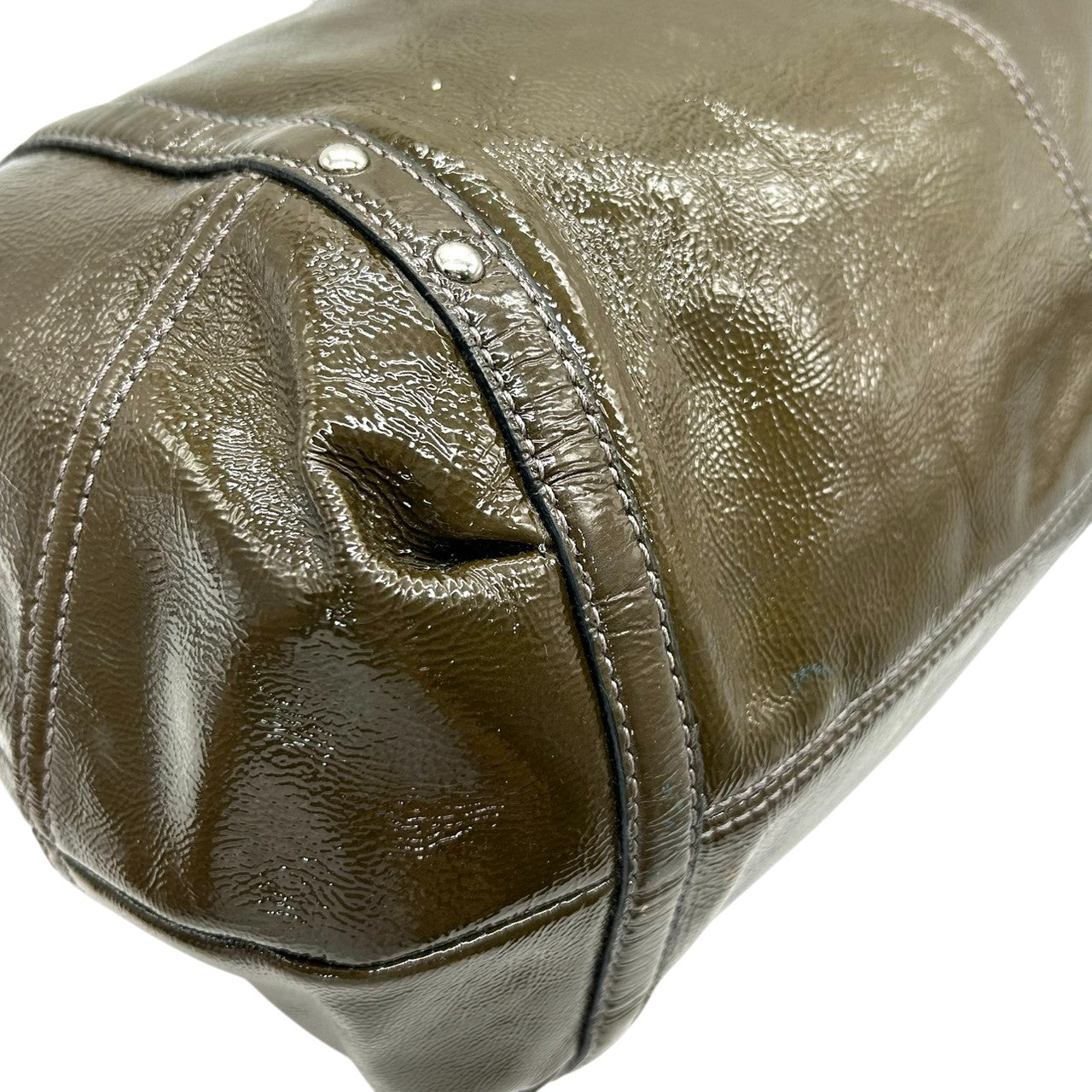 【COACH】コーチ ギャザー トートバッグ ワンショルダー F18231 大容量 A4収納可 パテントレザー エナメル グリーン カーキ系 チェーンハンドル レディース エレガント ビジネス 通勤通学 人気モデル クリーニング済み s86