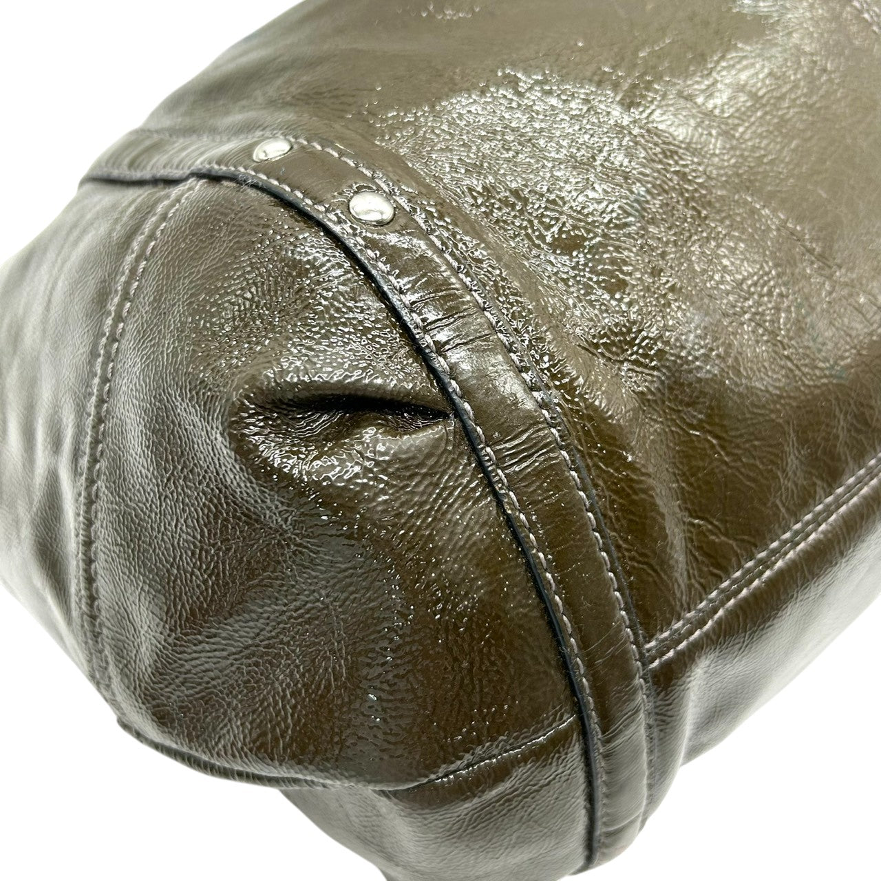 【COACH】コーチ ギャザー トートバッグ ワンショルダー F18231 大容量 A4収納可 パテントレザー エナメル グリーン カーキ系 チェーンハンドル レディース エレガント ビジネス 通勤通学 人気モデル クリーニング済み s86