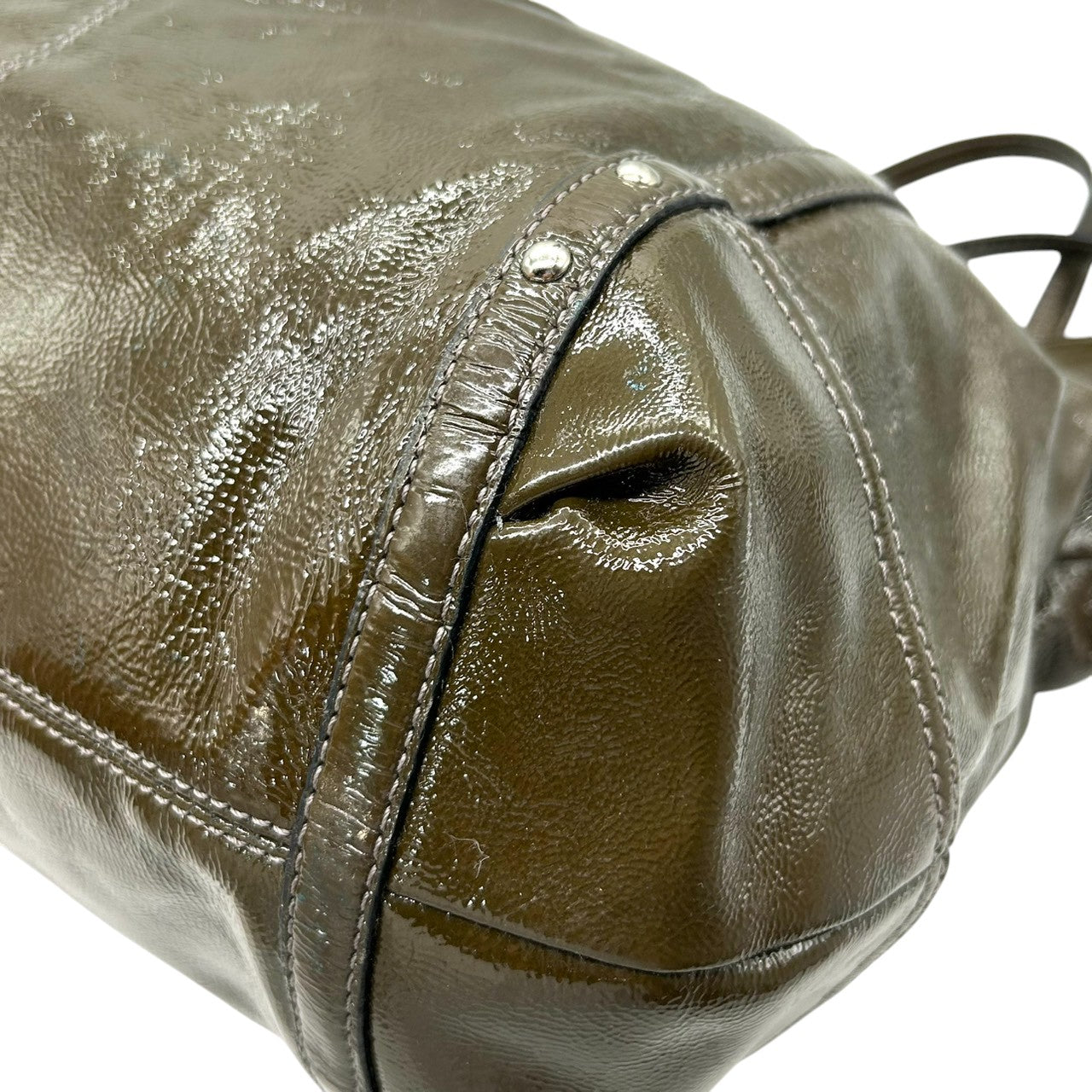 【COACH】コーチ ギャザー トートバッグ ワンショルダー F18231 大容量 A4収納可 パテントレザー エナメル グリーン カーキ系 チェーンハンドル レディース エレガント ビジネス 通勤通学 人気モデル クリーニング済み s86