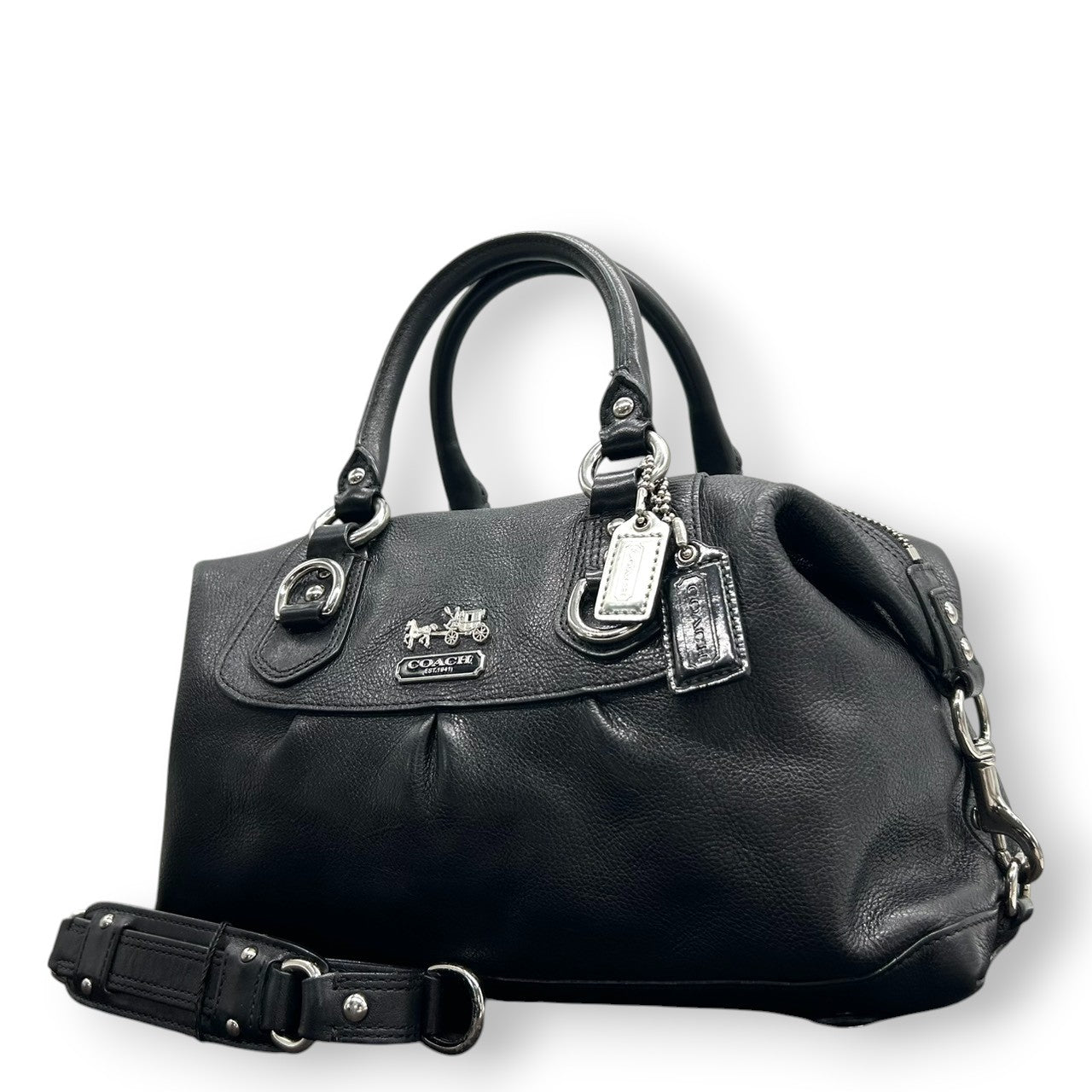 【美品/保存袋付き】COACH コーチ マディソン 2WAY ハンドバッグ ショルダーバッグ 12937 サッチェルバッグ 自立可 本革 ペブルドレザー ブラック 黒 ギャザー ホースアンドキャリッジロゴ レディース エレガント クリーニング済み s86