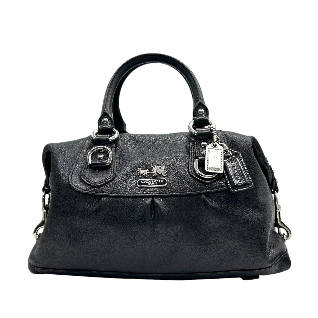 【美品/保存袋付き】COACH コーチ マディソン 2WAY ハンドバッグ ショルダーバッグ 12937 サッチェルバッグ 自立可 本革 ペブルドレザー ブラック 黒 ギャザー ホースアンドキャリッジロゴ レディース エレガント クリーニング済み s86