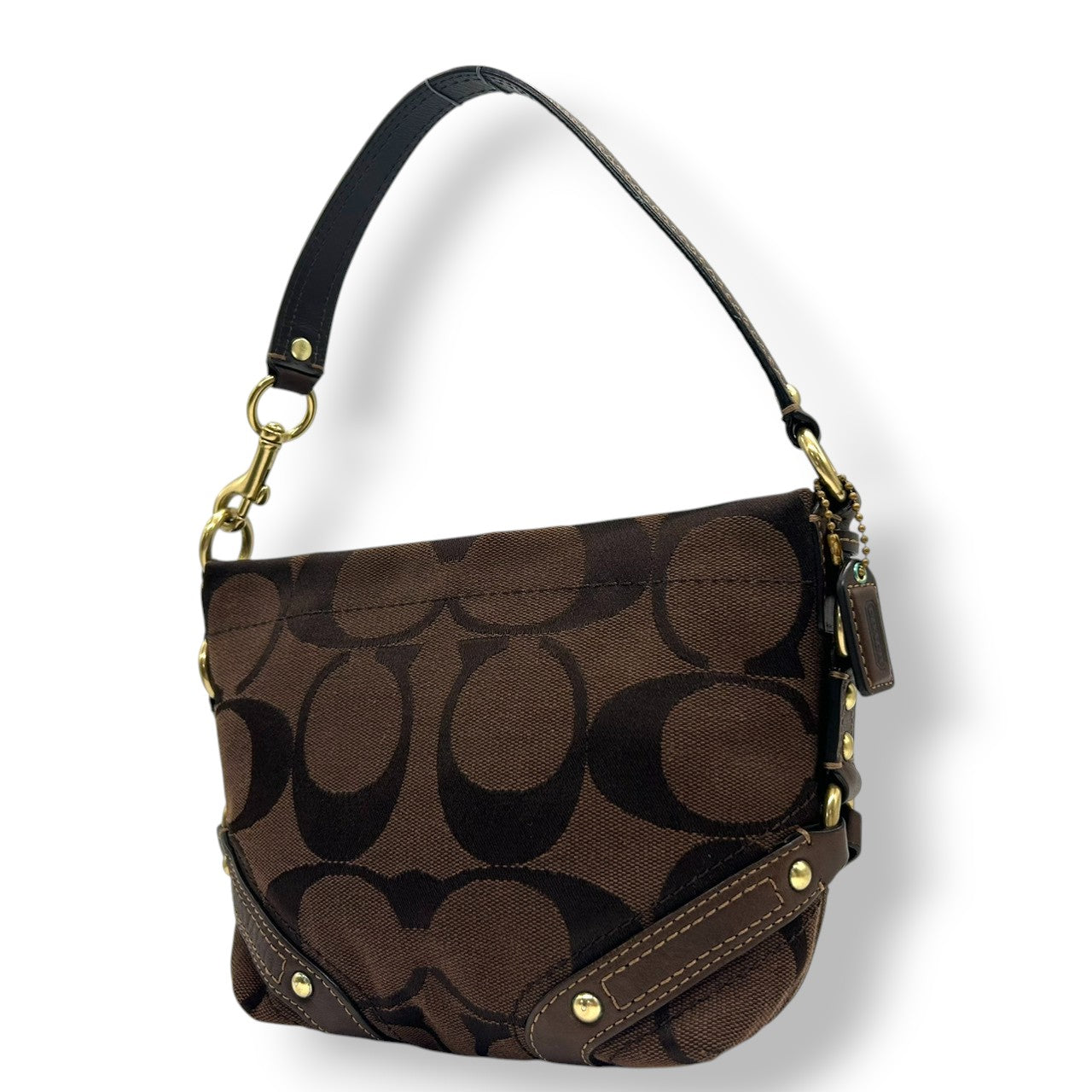 【未使用級/美品】COACH コーチ ハンドバッグ ワンショルダー アクセサリーポーチ シグネチャー キャンバス レザー ブラウン系 ゴールド金具 レディース クラシックデザイン コンパクト 人気モデル クリーニング済み s35