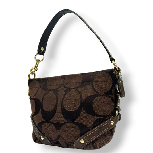 【未使用級/美品】COACH コーチ ハンドバッグ ワンショルダー アクセサリーポーチ シグネチャー キャンバス レザー ブラウン系 ゴールド金具 レディース クラシックデザイン コンパクト 人気モデル クリーニング済み s35