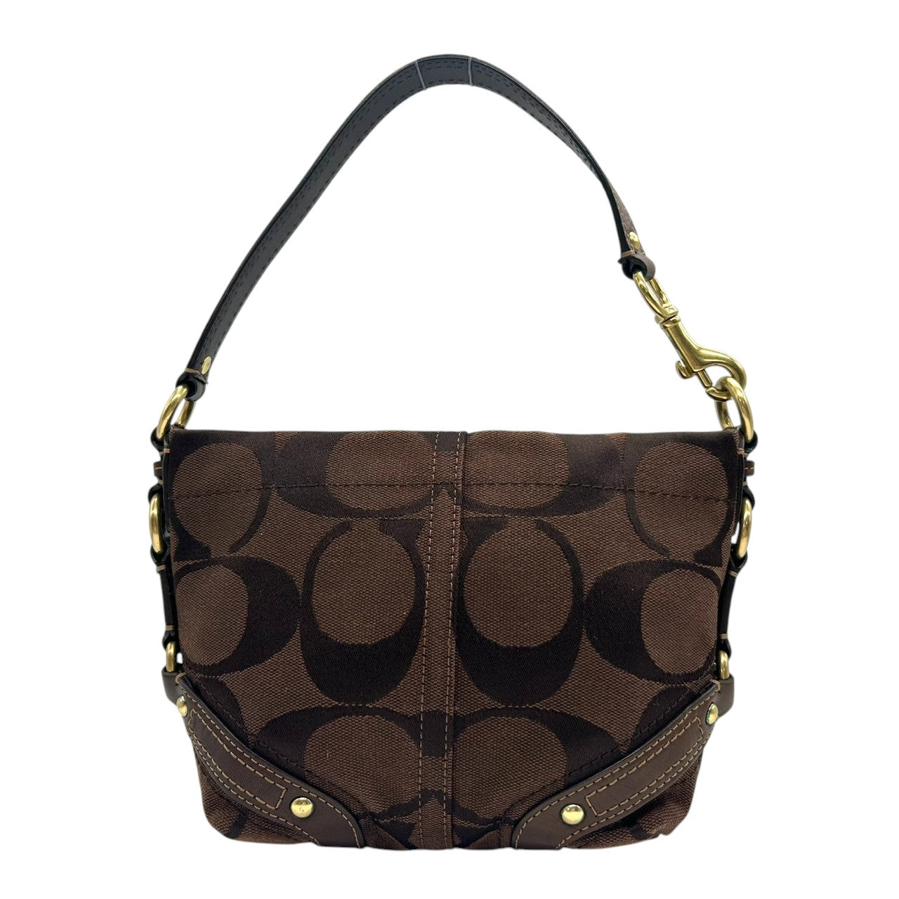 【未使用級/美品】COACH コーチ ハンドバッグ ワンショルダー アクセサリーポーチ シグネチャー キャンバス レザー ブラウン系 ゴールド金具 レディース クラシックデザイン コンパクト 人気モデル クリーニング済み s35