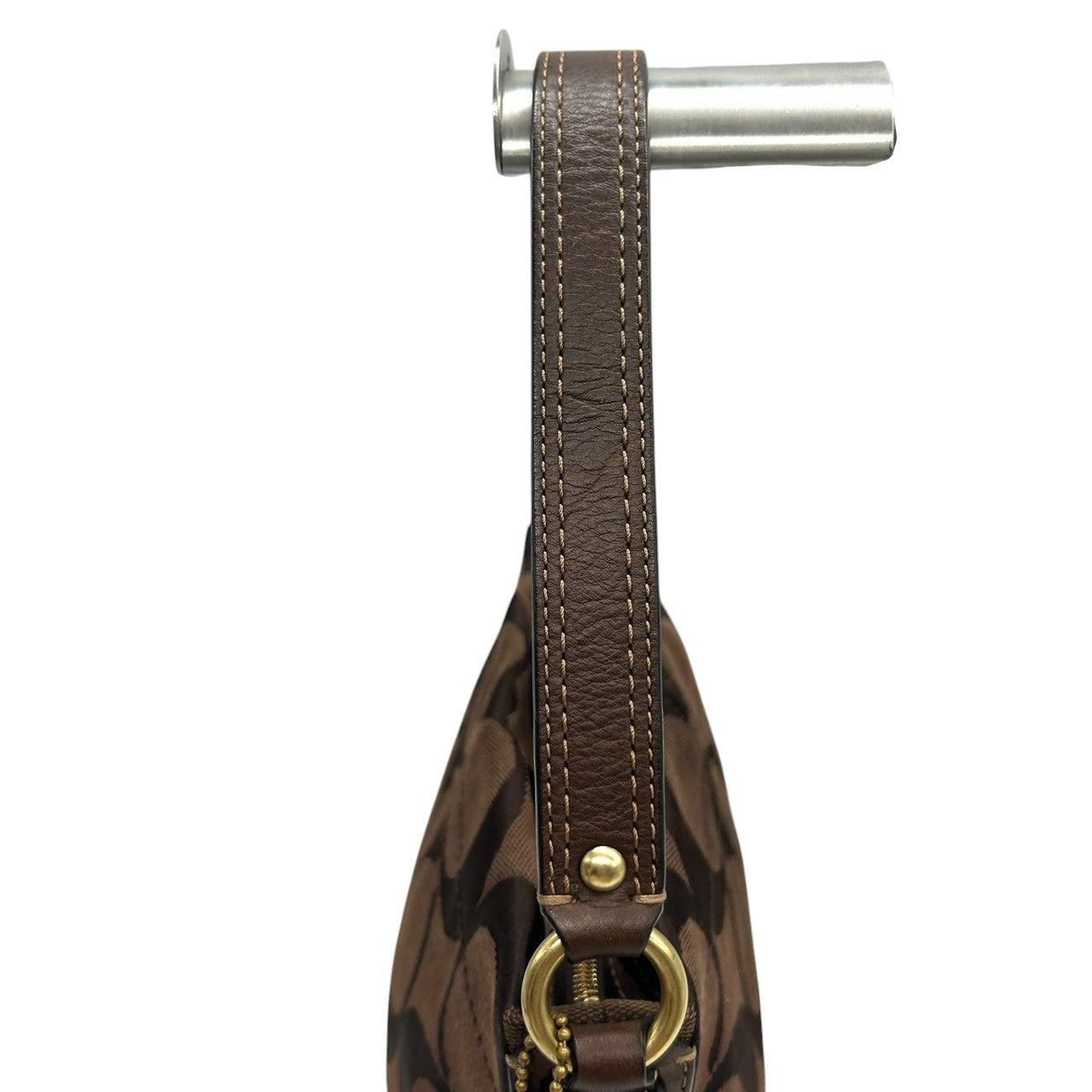 【未使用級/美品】COACH コーチ ハンドバッグ ワンショルダー アクセサリーポーチ シグネチャー キャンバス レザー ブラウン系 ゴールド金具 レディース クラシックデザイン コンパクト 人気モデル クリーニング済み s35