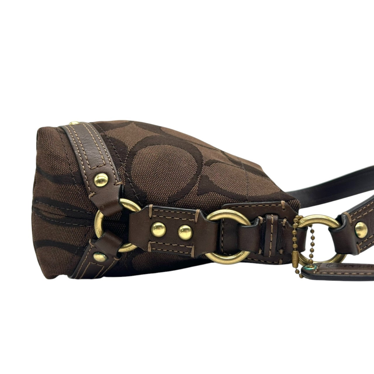 【未使用級/美品】COACH コーチ ハンドバッグ ワンショルダー アクセサリーポーチ シグネチャー キャンバス レザー ブラウン系 ゴールド金具 レディース クラシックデザイン コンパクト 人気モデル クリーニング済み s35