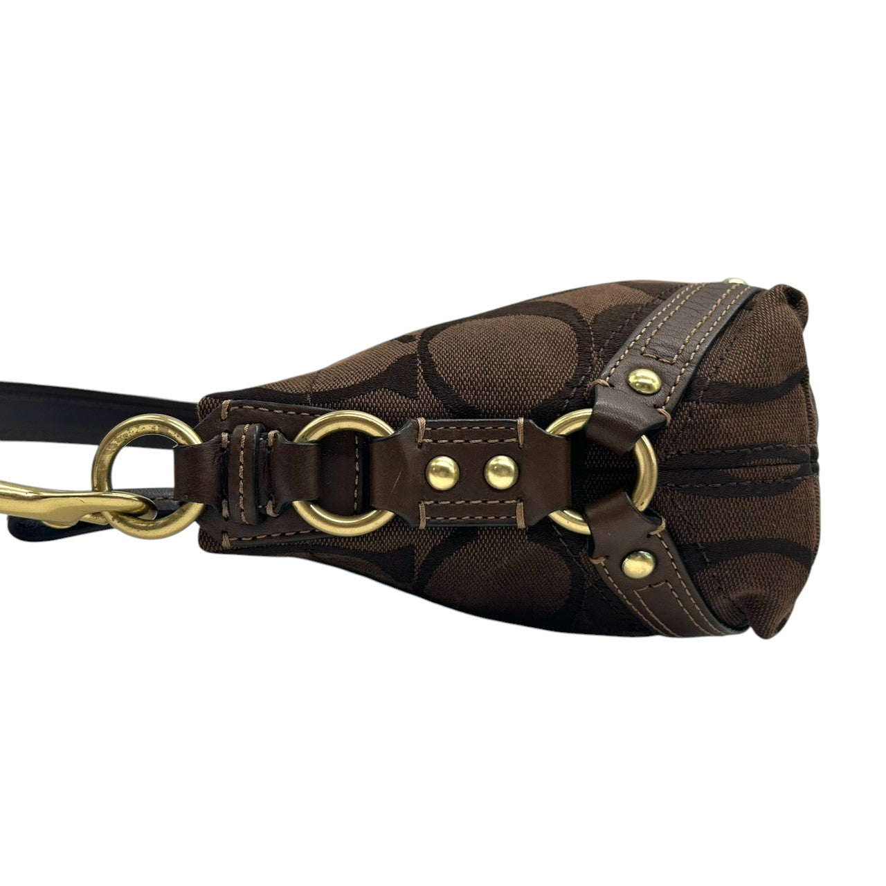 【未使用級/美品】COACH コーチ ハンドバッグ ワンショルダー アクセサリーポーチ シグネチャー キャンバス レザー ブラウン系 ゴールド金具 レディース クラシックデザイン コンパクト 人気モデル クリーニング済み s35