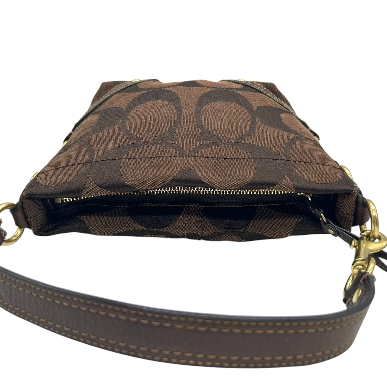 【未使用級/美品】COACH コーチ ハンドバッグ ワンショルダー アクセサリーポーチ シグネチャー キャンバス レザー ブラウン系 ゴールド金具 レディース クラシックデザイン コンパクト 人気モデル クリーニング済み s35