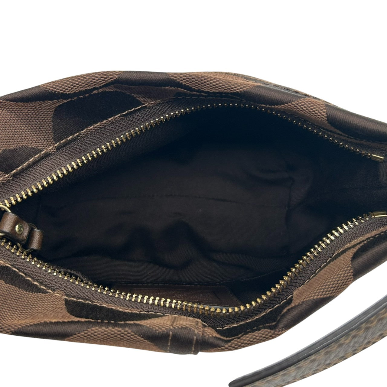 【未使用級/美品】COACH コーチ ハンドバッグ ワンショルダー アクセサリーポーチ シグネチャー キャンバス レザー ブラウン系 ゴールド金具 レディース クラシックデザイン コンパクト 人気モデル クリーニング済み s35