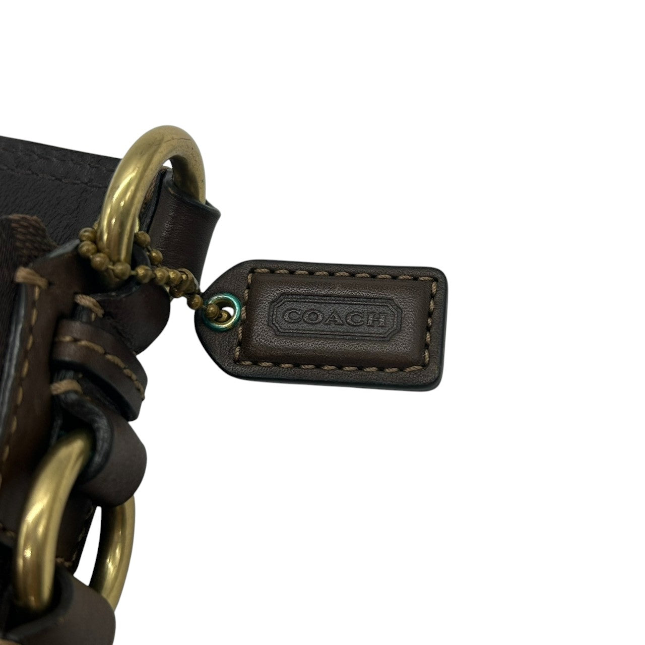 【未使用級/美品】COACH コーチ ハンドバッグ ワンショルダー アクセサリーポーチ シグネチャー キャンバス レザー ブラウン系 ゴールド金具 レディース クラシックデザイン コンパクト 人気モデル クリーニング済み s35