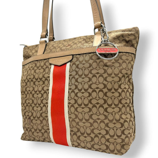 【COACH】コーチ トートバッグ ワンショルダー F27008 ミニシグネチャー キャンバス レザー ブラウン オレンジストライプ A4収納可 レディース 通勤通学 カジュアル チャーム付き 定番人気モデル クリーニング済み s35