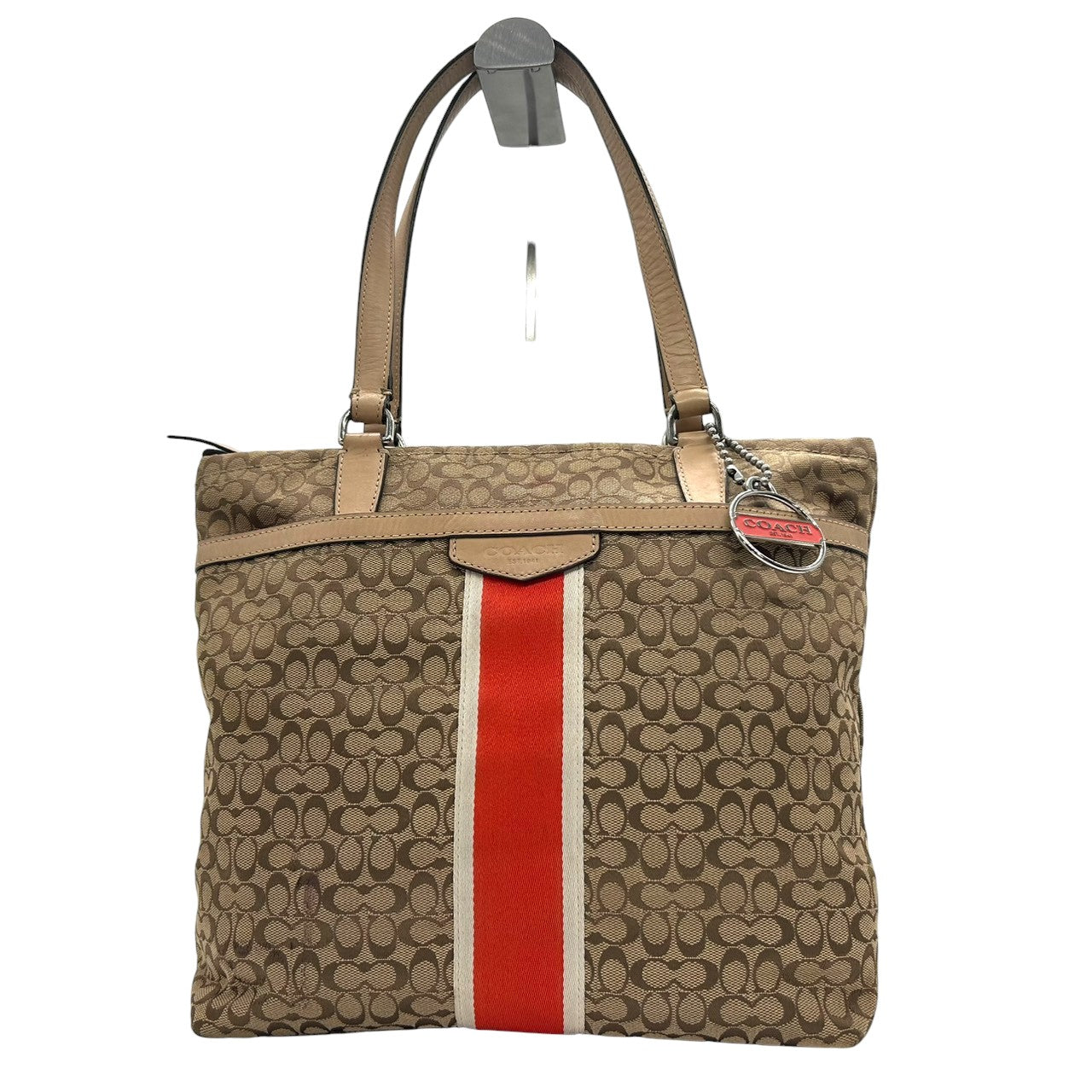 【COACH】コーチ トートバッグ ワンショルダー F27008 ミニシグネチャー キャンバス レザー ブラウン オレンジストライプ A4収納可 レディース 通勤通学 カジュアル チャーム付き 定番人気モデル クリーニング済み s35