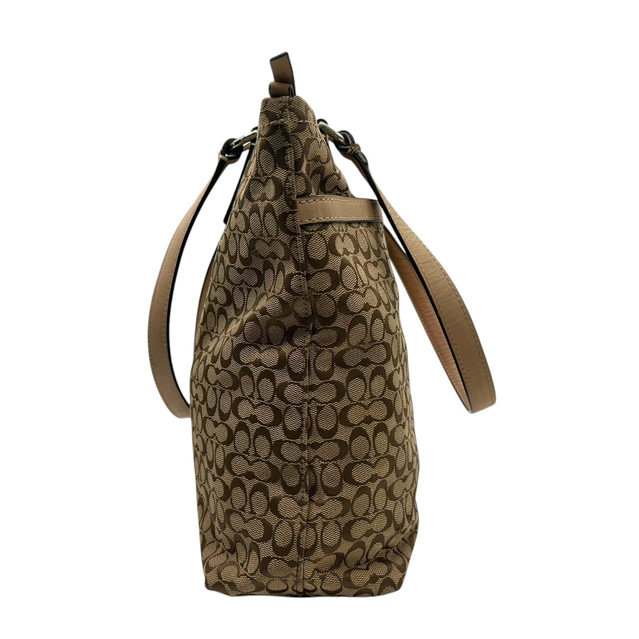 【COACH】コーチ トートバッグ ワンショルダー F27008 ミニシグネチャー キャンバス レザー ブラウン オレンジストライプ A4収納可 レディース 通勤通学 カジュアル チャーム付き 定番人気モデル クリーニング済み s35