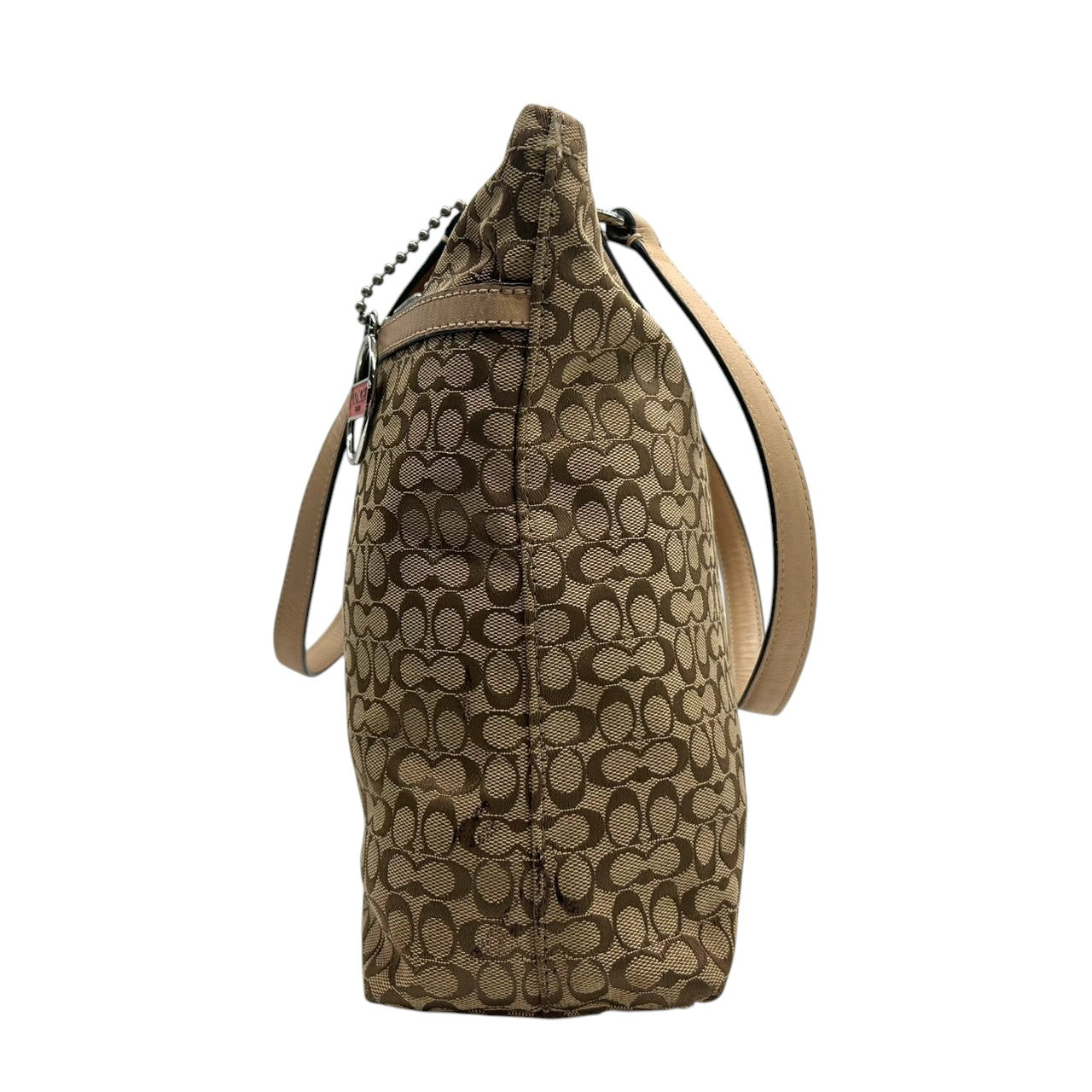 【COACH】コーチ トートバッグ ワンショルダー F27008 ミニシグネチャー キャンバス レザー ブラウン オレンジストライプ A4収納可 レディース 通勤通学 カジュアル チャーム付き 定番人気モデル クリーニング済み s35