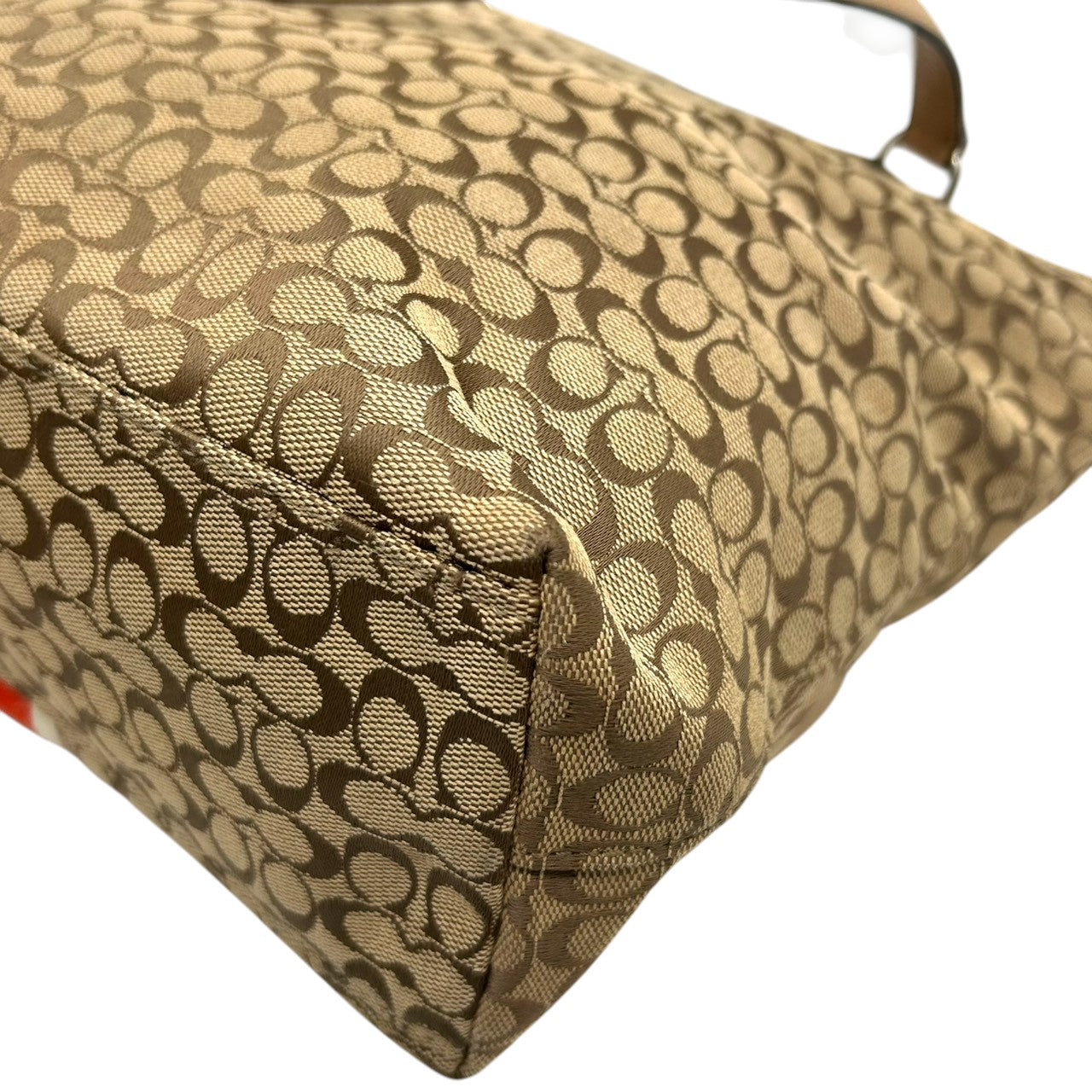 【COACH】コーチ トートバッグ ワンショルダー F27008 ミニシグネチャー キャンバス レザー ブラウン オレンジストライプ A4収納可 レディース 通勤通学 カジュアル チャーム付き 定番人気モデル クリーニング済み s35