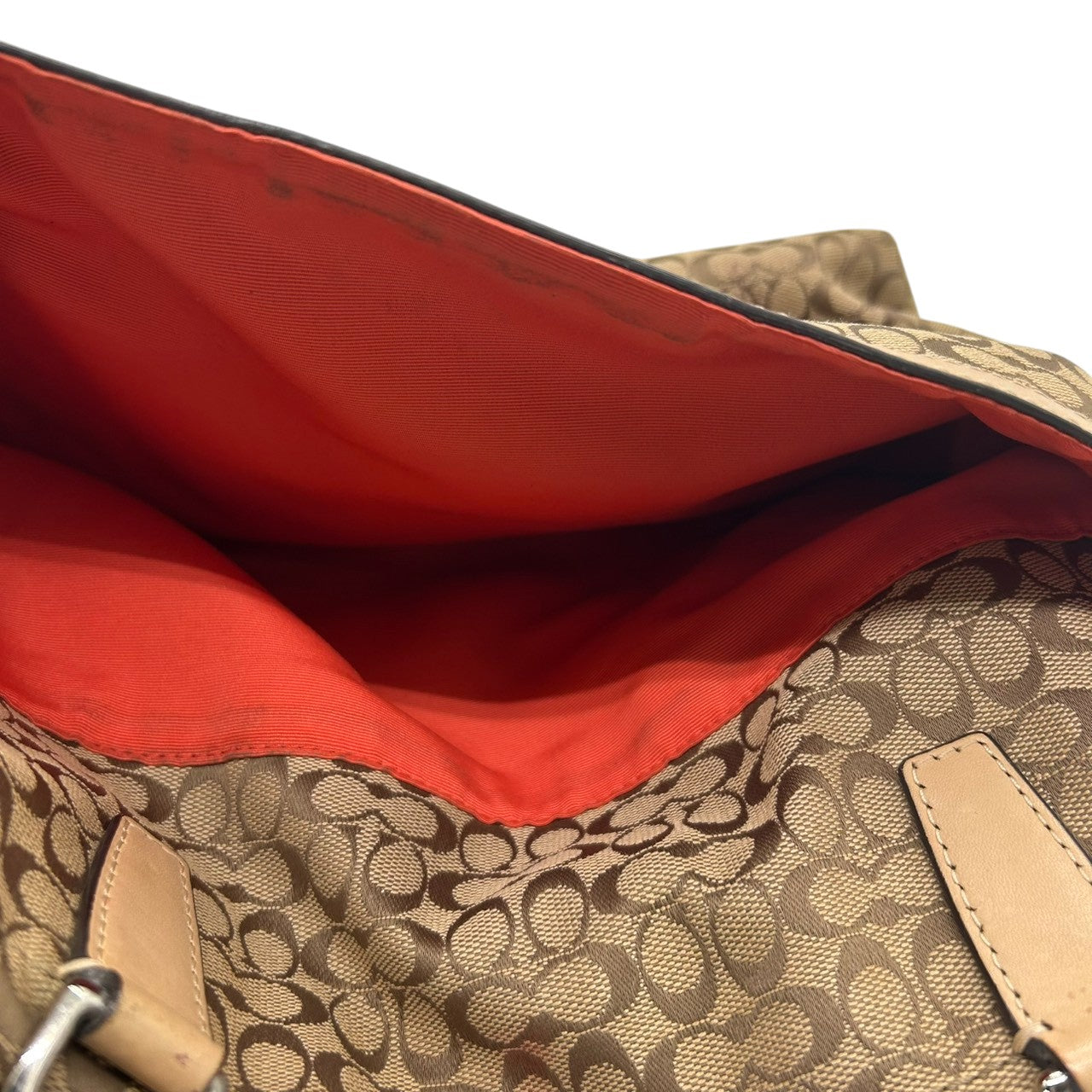 【COACH】コーチ トートバッグ ワンショルダー F27008 ミニシグネチャー キャンバス レザー ブラウン オレンジストライプ A4収納可 レディース 通勤通学 カジュアル チャーム付き 定番人気モデル クリーニング済み s35