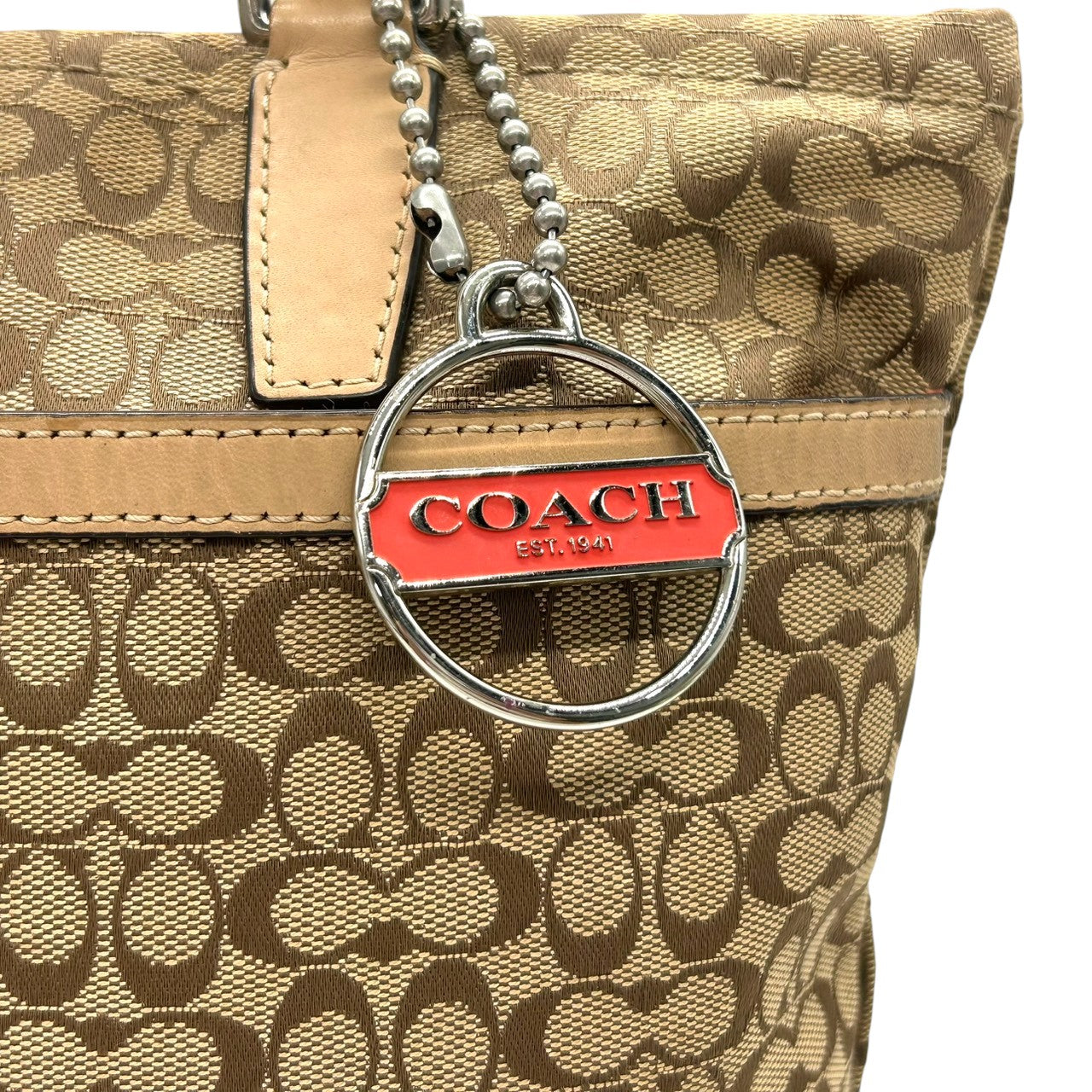 【COACH】コーチ トートバッグ ワンショルダー F27008 ミニシグネチャー キャンバス レザー ブラウン オレンジストライプ A4収納可 レディース 通勤通学 カジュアル チャーム付き 定番人気モデル クリーニング済み s35