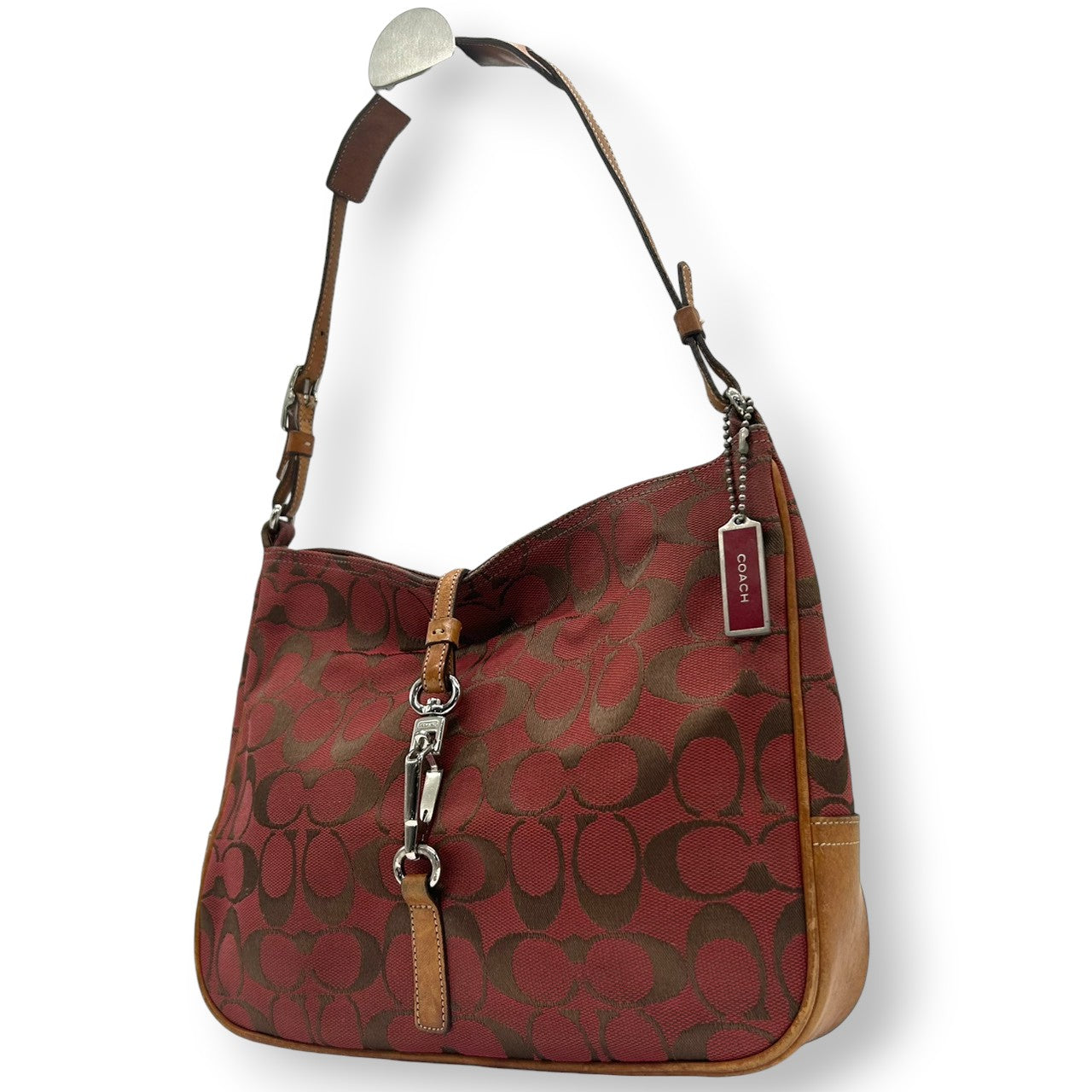 【COACH】コーチ ショルダーバッグ ワンショルダー ホーボーバッグ 6091 シグネチャー柄 キャンバス レザー レッド ブラウン系 クリップ金具 レディース エレガント カジュアル 通勤通学 デイリーユース 定番人気モデル クリーニング済み H