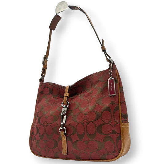 【COACH】コーチ ショルダーバッグ ワンショルダー ホーボーバッグ 6091 シグネチャー柄 キャンバス レザー レッド ブラウン系 クリップ金具 レディース エレガント カジュアル 通勤通学 デイリーユース 定番人気モデル クリーニング済み H