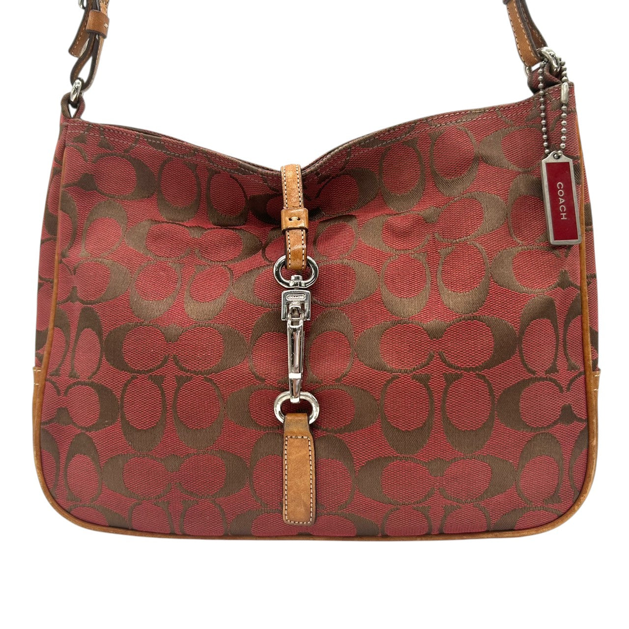 【COACH】コーチ ショルダーバッグ ワンショルダー ホーボーバッグ 6091 シグネチャー柄 キャンバス レザー レッド ブラウン系 クリップ金具 レディース エレガント カジュアル 通勤通学 デイリーユース 定番人気モデル クリーニング済み H