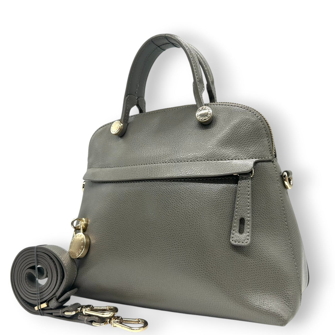【美品】FURLA フルラ パイパー 2WAY ハンドバッグ ショルダーバッグ Mサイズ 斜め掛け可 自立可 ドーム型 本革 レザー グレー系 ゴールド金具 パドロックチャーム付き レディース ビジネス 通勤通学 エレガント クリーニング済み s57