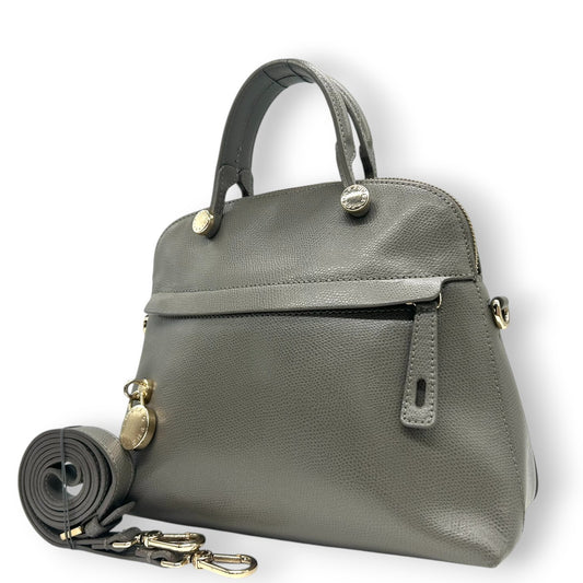 【美品】FURLA フルラ パイパー 2WAY ハンドバッグ ショルダーバッグ Mサイズ 斜め掛け可 自立可 ドーム型 本革 レザー グレー系 ゴールド金具 パドロックチャーム付き レディース ビジネス 通勤通学 エレガント クリーニング済み s57