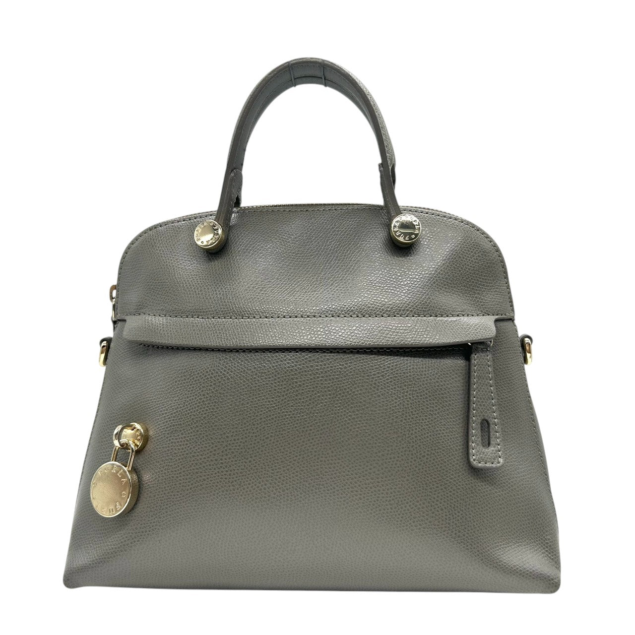 【美品】FURLA フルラ パイパー 2WAY ハンドバッグ ショルダーバッグ Mサイズ 斜め掛け可 自立可 ドーム型 本革 レザー グレー系 ゴールド金具 パドロックチャーム付き レディース ビジネス 通勤通学 エレガント クリーニング済み s57
