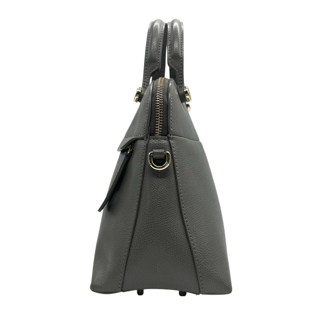 【美品】FURLA フルラ パイパー 2WAY ハンドバッグ ショルダーバッグ Mサイズ 斜め掛け可 自立可 ドーム型 本革 レザー グレー系 ゴールド金具 パドロックチャーム付き レディース ビジネス 通勤通学 エレガント クリーニング済み s57