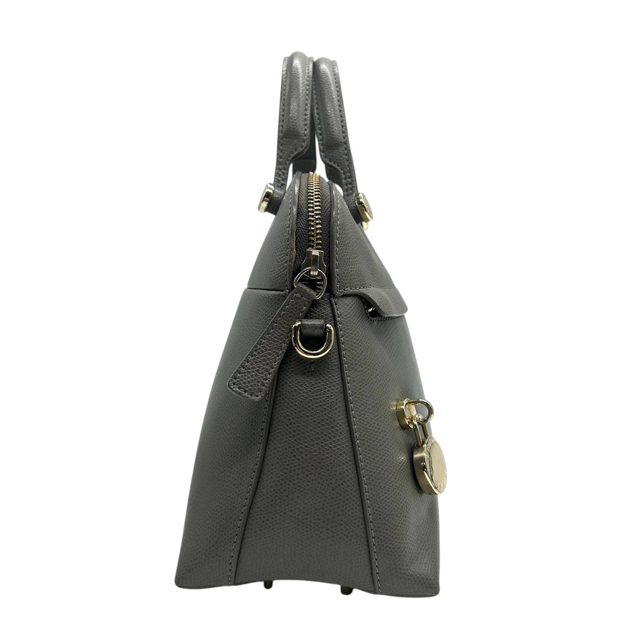 【美品】FURLA フルラ パイパー 2WAY ハンドバッグ ショルダーバッグ Mサイズ 斜め掛け可 自立可 ドーム型 本革 レザー グレー系 ゴールド金具 パドロックチャーム付き レディース ビジネス 通勤通学 エレガント クリーニング済み s57
