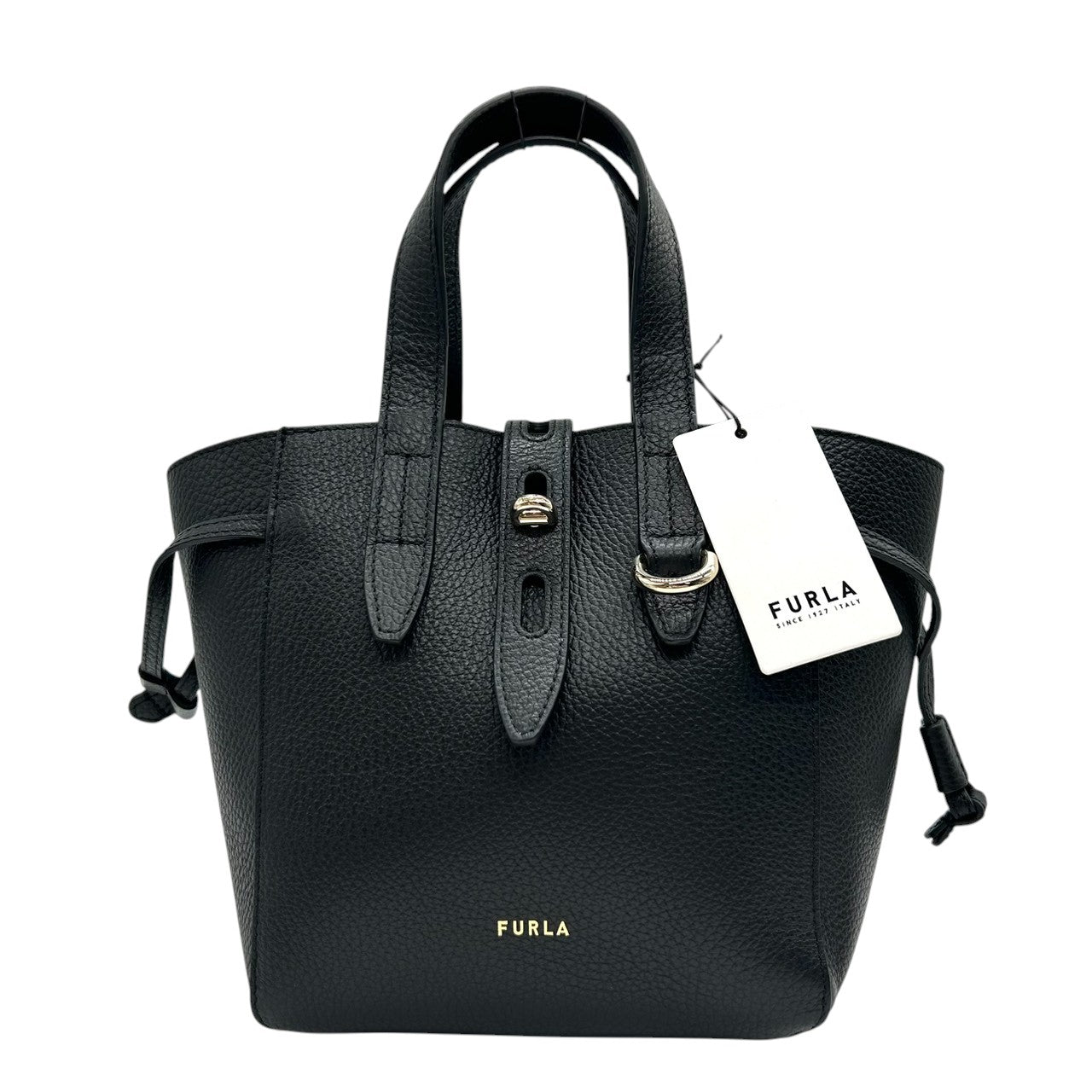 【未使用級/タグ付き】FURLA フルラ ネット ミニ 2WAY ハンドバッグ ショルダーバッグ ミニトート ドローストリング 自立可 斜め掛け可 ペブルドレザー ブラック ゴールド金具 レディース エレガント フェミニン 通勤通学 人気モデル s57