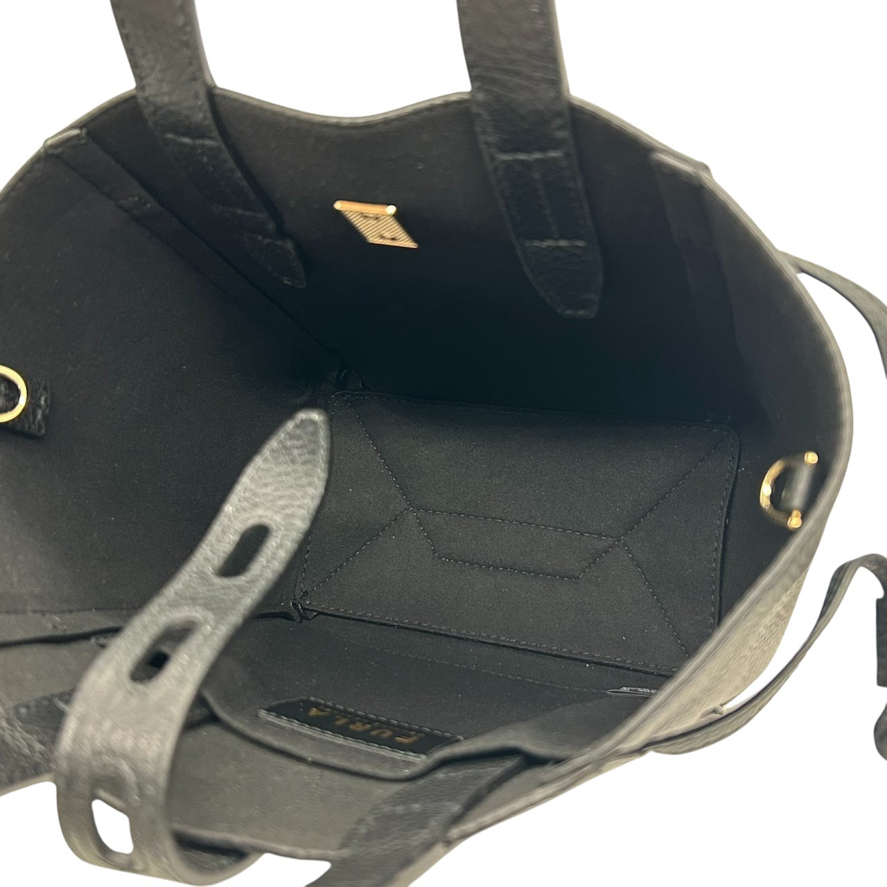 【未使用級/タグ付き】FURLA フルラ ネット ミニ 2WAY ハンドバッグ ショルダーバッグ ミニトート ドローストリング 自立可 斜め掛け可 ペブルドレザー ブラック ゴールド金具 レディース エレガント フェミニン 通勤通学 人気モデル s57