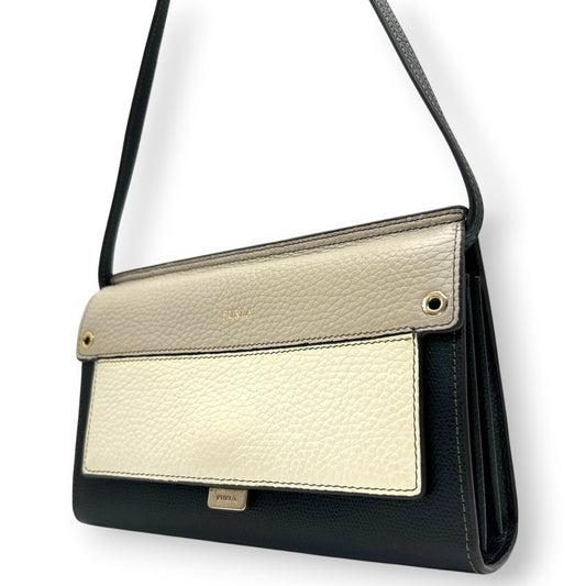 【未使用級/美品】FURLA フルラ ショルダーウォレット お財布ポシェット 2WAY クラッチバッグ 斜め掛け可 本革 レザー トリコロール ブラック グレー アイボリー ゴールド金具 カード多数収納 レディース 人気モデル クリーニング済み s57