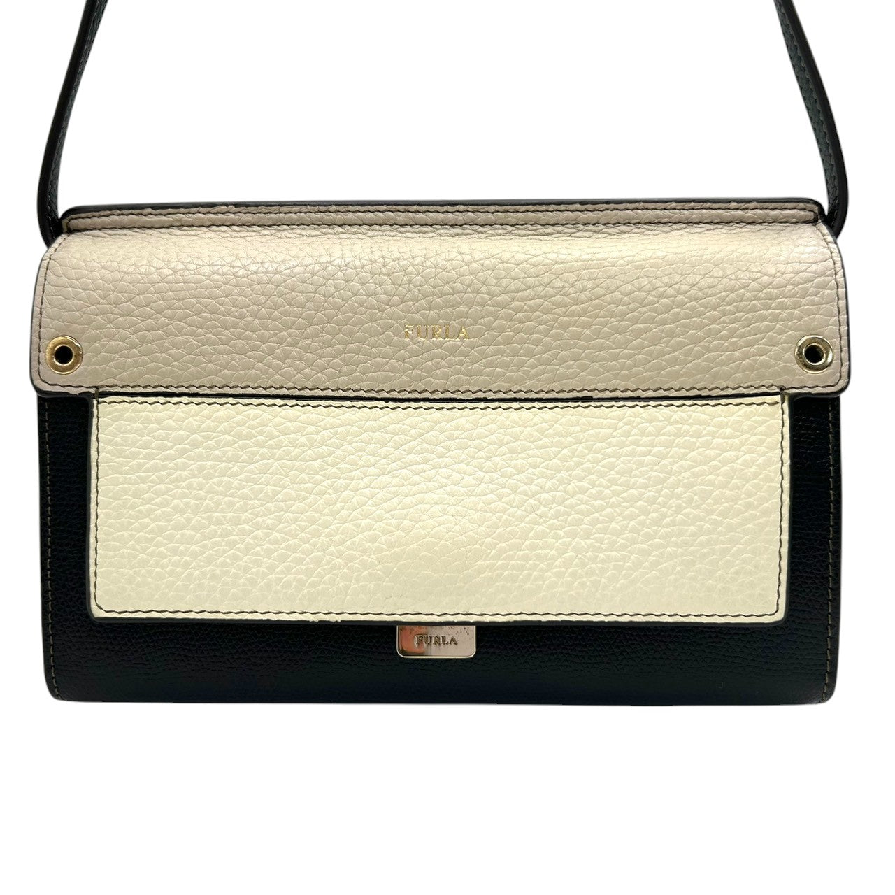 【未使用級/美品】FURLA フルラ ショルダーウォレット お財布ポシェット 2WAY クラッチバッグ 斜め掛け可 本革 レザー トリコロール ブラック グレー アイボリー ゴールド金具 カード多数収納 レディース 人気モデル クリーニング済み s57