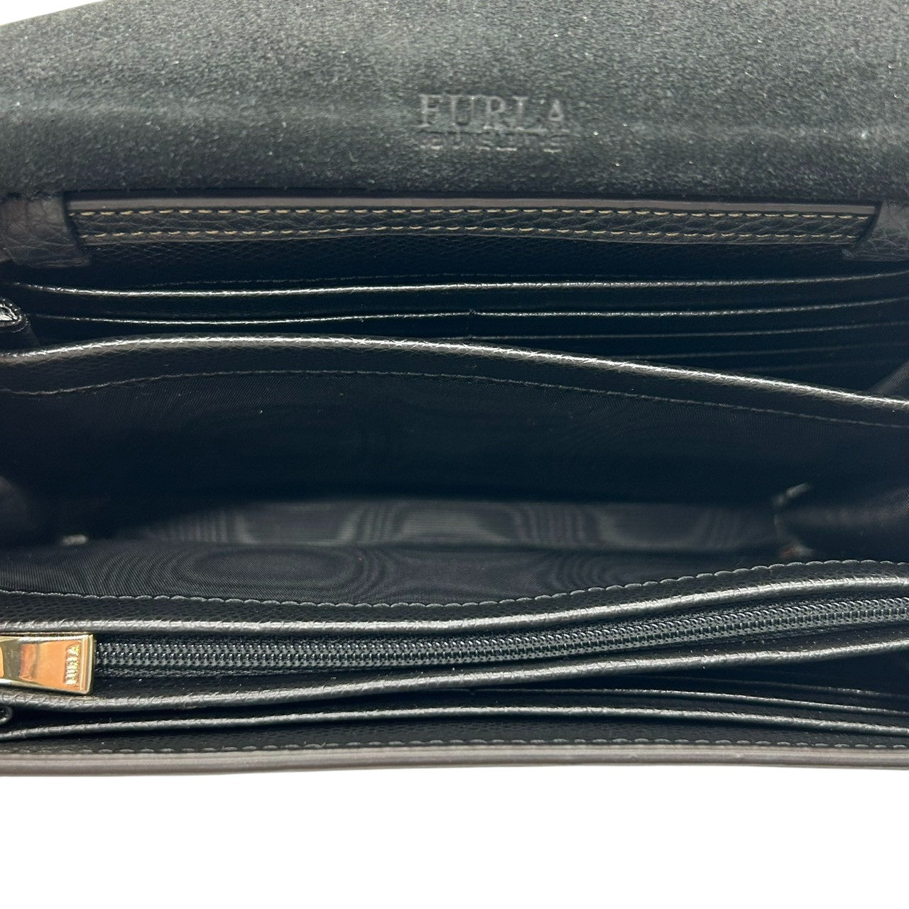 【未使用級/美品】FURLA フルラ ショルダーウォレット お財布ポシェット 2WAY クラッチバッグ 斜め掛け可 本革 レザー トリコロール ブラック グレー アイボリー ゴールド金具 カード多数収納 レディース 人気モデル クリーニング済み s57