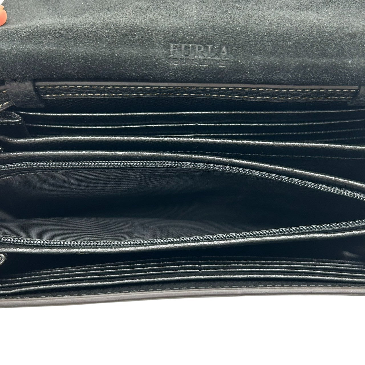 【未使用級/美品】FURLA フルラ ショルダーウォレット お財布ポシェット 2WAY クラッチバッグ 斜め掛け可 本革 レザー トリコロール ブラック グレー アイボリー ゴールド金具 カード多数収納 レディース 人気モデル クリーニング済み s57