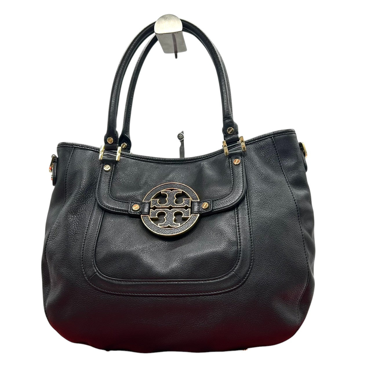 【美品/保存袋付】Tory Burch アマンダ 2WAY ハンドバッグ ショルダーバッグ 斜め掛け可 自立可 A4収納可 大容量 本革 ペブルドレザー ブラック 黒 デカロゴ レディース ビジネス 通勤通学 人気モデル クリーニング済み s54
