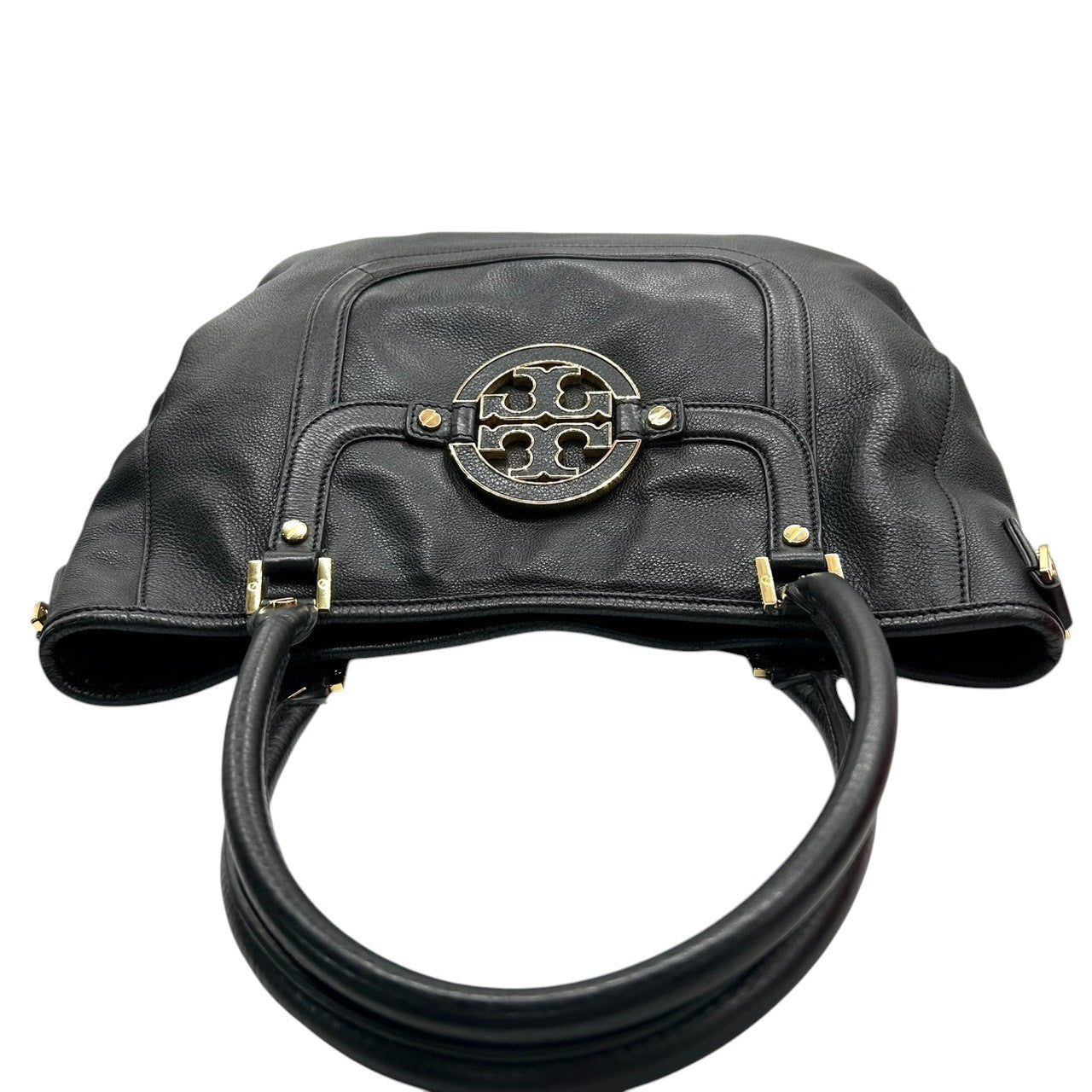 【美品/保存袋付】Tory Burch アマンダ 2WAY ハンドバッグ ショルダーバッグ 斜め掛け可 自立可 A4収納可 大容量 本革 ペブルドレザー ブラック 黒 デカロゴ レディース ビジネス 通勤通学 人気モデル クリーニング済み s54