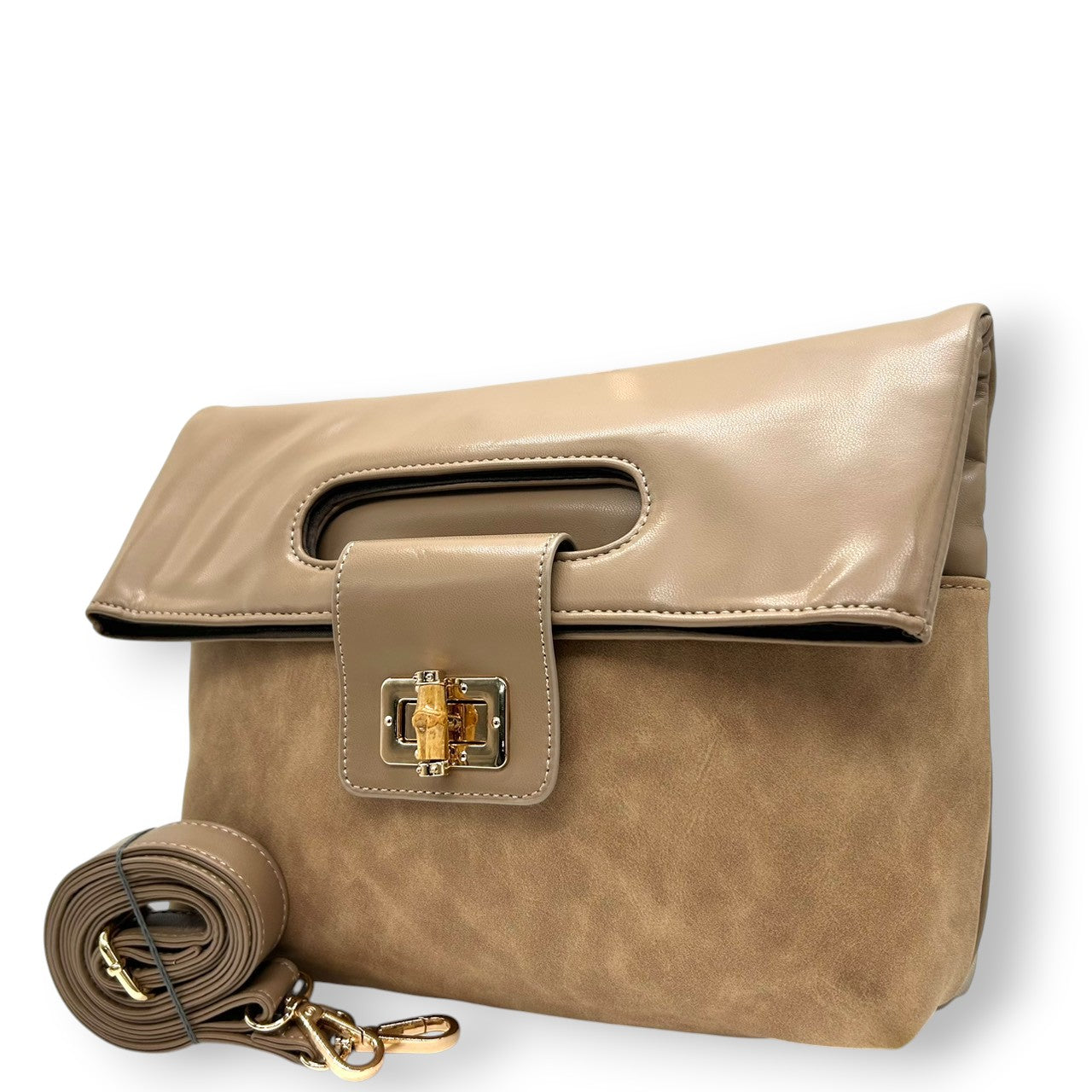 【美品】PAPILLONNER パピヨネ 2WAY クラッチバッグ ショルダーバッグ ハンドバッグ 斜め掛け可 レザー スエード ベージュ系 バンブー ターンロック レディース エレガント スタイリッシュ 人気モデル クリーニング済み s54