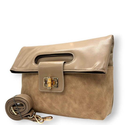 【美品】PAPILLONNER パピヨネ 2WAY クラッチバッグ ショルダーバッグ ハンドバッグ 斜め掛け可 レザー スエード ベージュ系 バンブー ターンロック レディース エレガント スタイリッシュ 人気モデル クリーニング済み s54