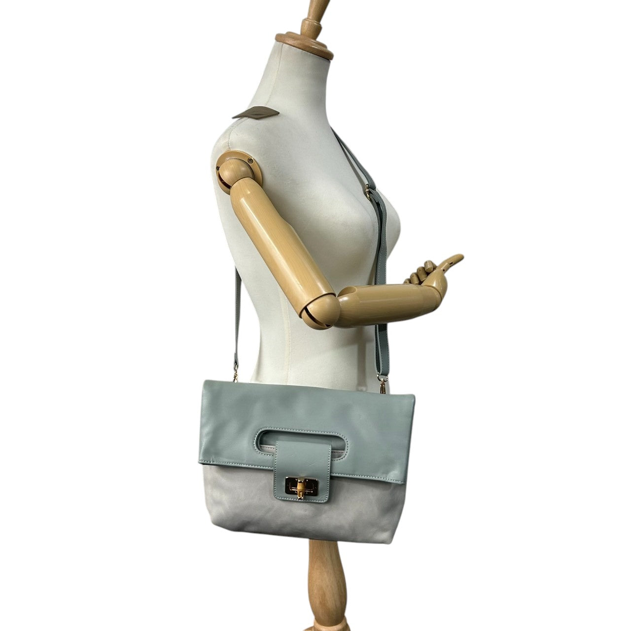 【PAPILLONNER】パピヨネ 2WAY クラッチバッグ ショルダーバッグ ハンドバッグ 斜め掛け可 レザー スエード ブルーグレー系 バイカラー バンブー ターンロック レディース エレガント スタイリッシュ 人気モデル クリーニング済み s54