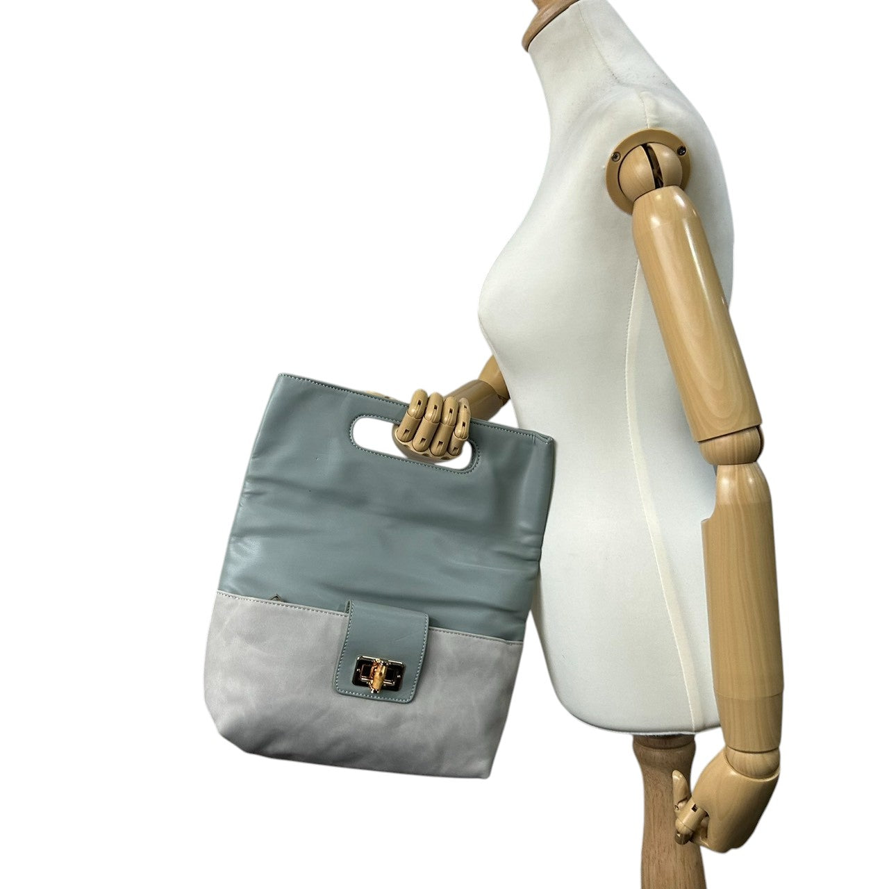 【PAPILLONNER】パピヨネ 2WAY クラッチバッグ ショルダーバッグ ハンドバッグ 斜め掛け可 レザー スエード ブルーグレー系 バイカラー バンブー ターンロック レディース エレガント スタイリッシュ 人気モデル クリーニング済み s54