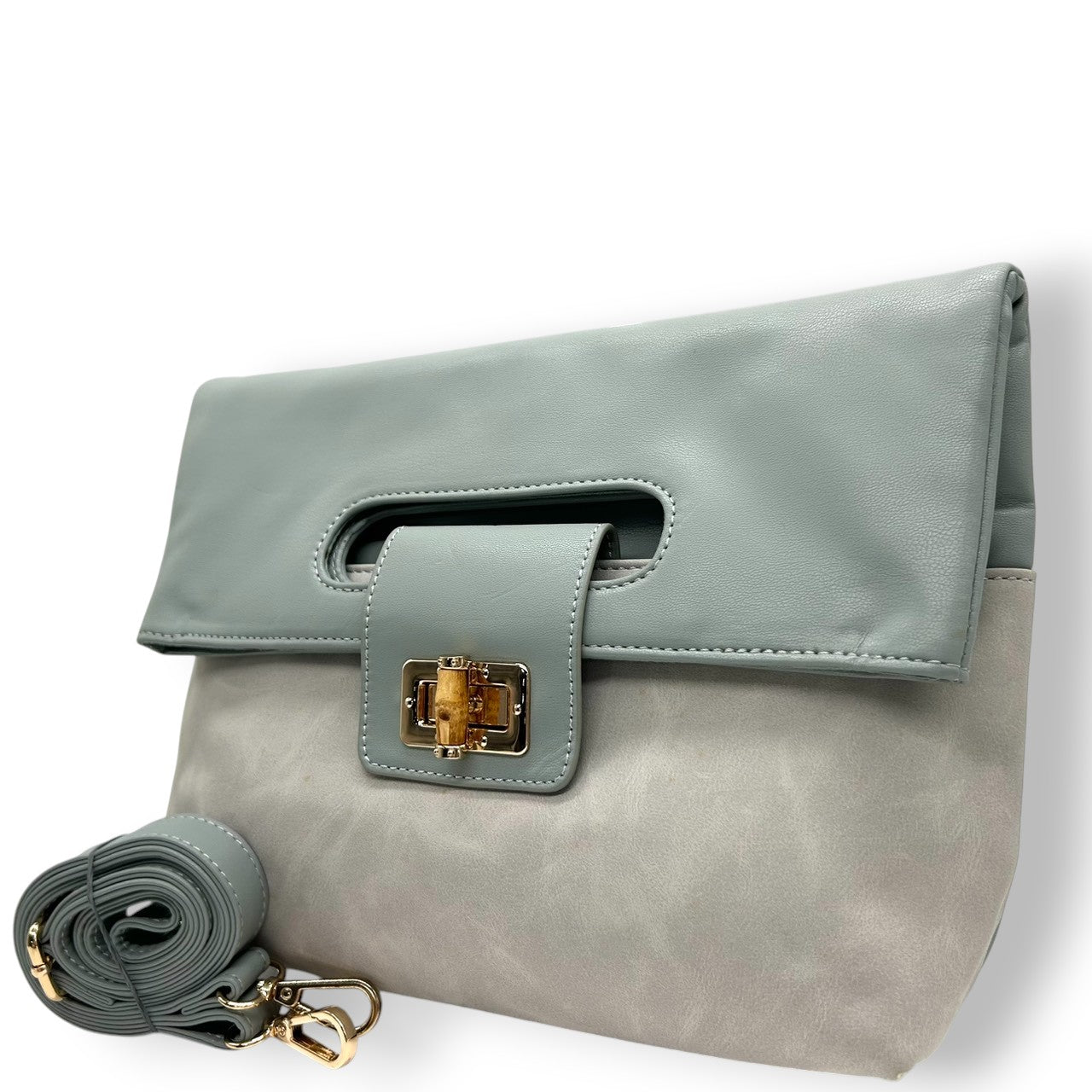 【PAPILLONNER】パピヨネ 2WAY クラッチバッグ ショルダーバッグ ハンドバッグ 斜め掛け可 レザー スエード ブルーグレー系 バイカラー バンブー ターンロック レディース エレガント スタイリッシュ 人気モデル クリーニング済み s54