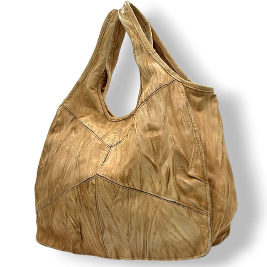 【美品】Anti-Forme Design アンチフォルムデザイン トートバッグ ワンショルダー 自立可 A4収納可 大容量 本革 レザー シワ加工 パッチワーク ブラウン キャメル系 レディース ナチュラル カジュアル 人気モデル クリーニング済み s67