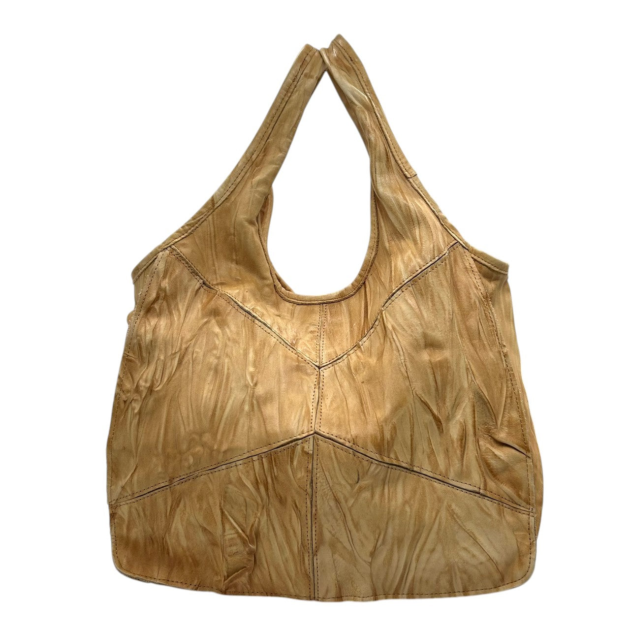 【美品】Anti-Forme Design アンチフォルムデザイン トートバッグ ワンショルダー 自立可 A4収納可 大容量 本革 レザー シワ加工 パッチワーク ブラウン キャメル系 レディース ナチュラル カジュアル 人気モデル クリーニング済み s67