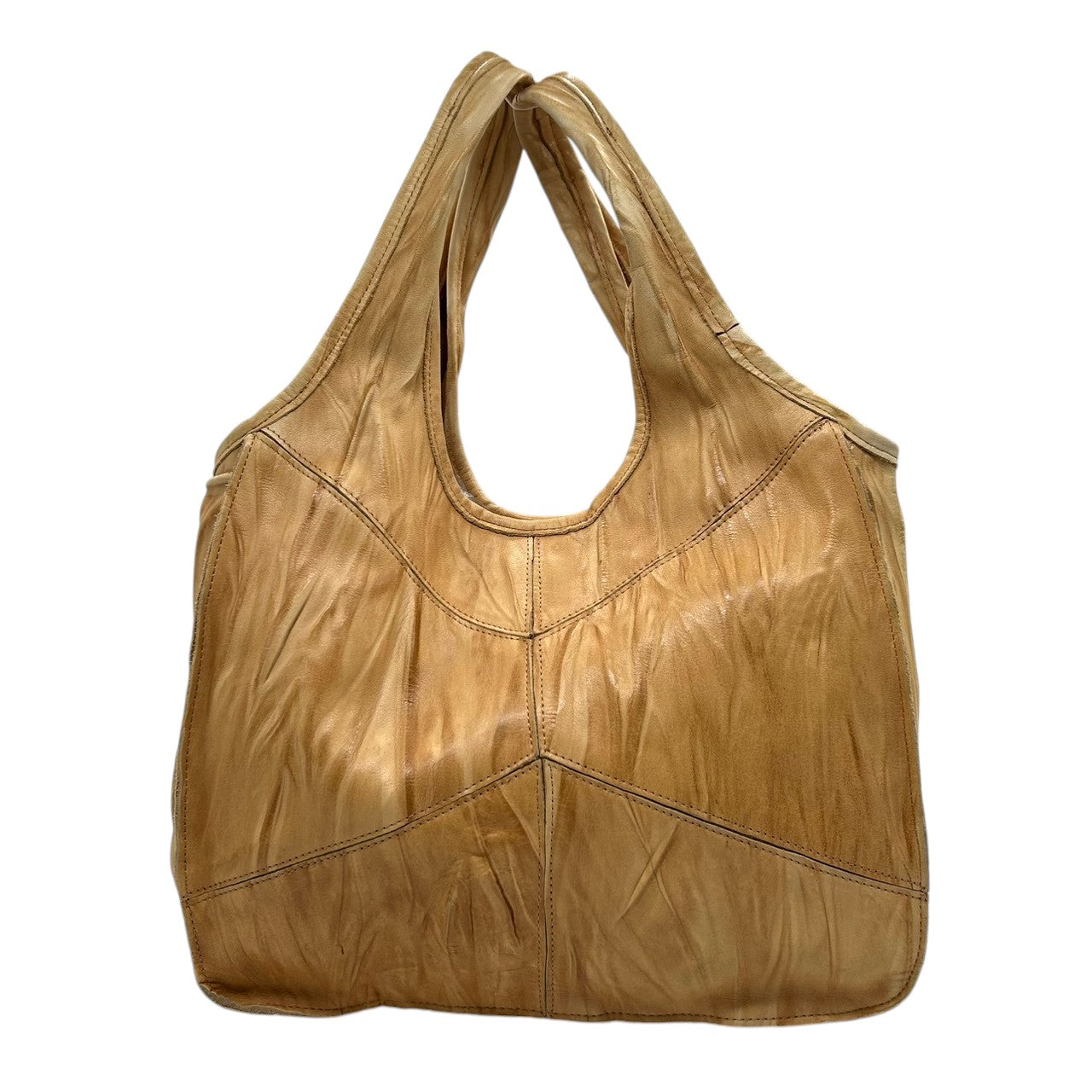 【美品】Anti-Forme Design アンチフォルムデザイン トートバッグ ワンショルダー 自立可 A4収納可 大容量 本革 レザー シワ加工 パッチワーク ブラウン キャメル系 レディース ナチュラル カジュアル 人気モデル クリーニング済み s67