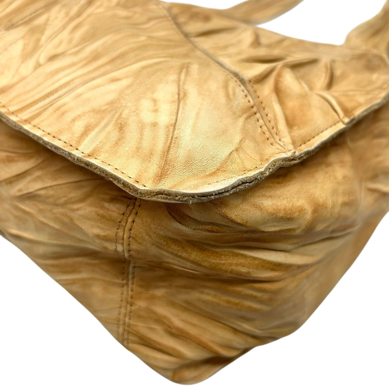 【美品】Anti-Forme Design アンチフォルムデザイン トートバッグ ワンショルダー 自立可 A4収納可 大容量 本革 レザー シワ加工 パッチワーク ブラウン キャメル系 レディース ナチュラル カジュアル 人気モデル クリーニング済み s67